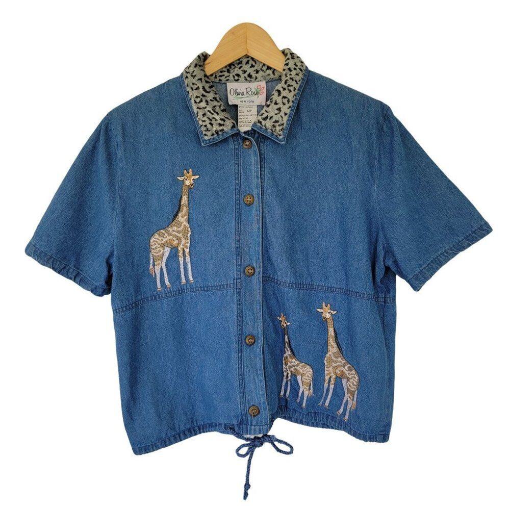 Vintage Olivia Rose Denim Buttondown Safari Top Womens Size 12P Blue Giraffe